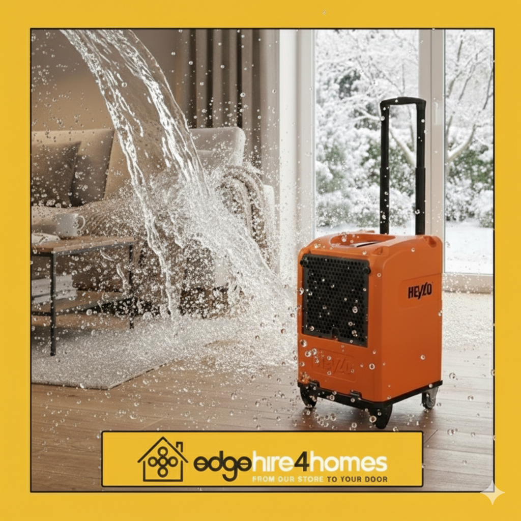 Industrial dehumidifier hire unit in a flooded living room with water cascading onto furniture, featuring the edgehire4homes logo.