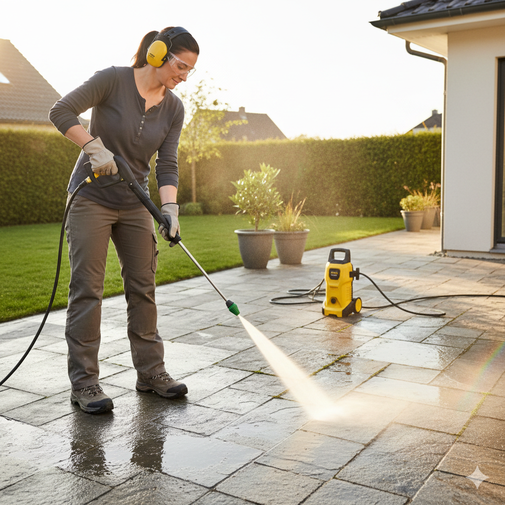 image of a lady pressure washing her patio in the correct ppe