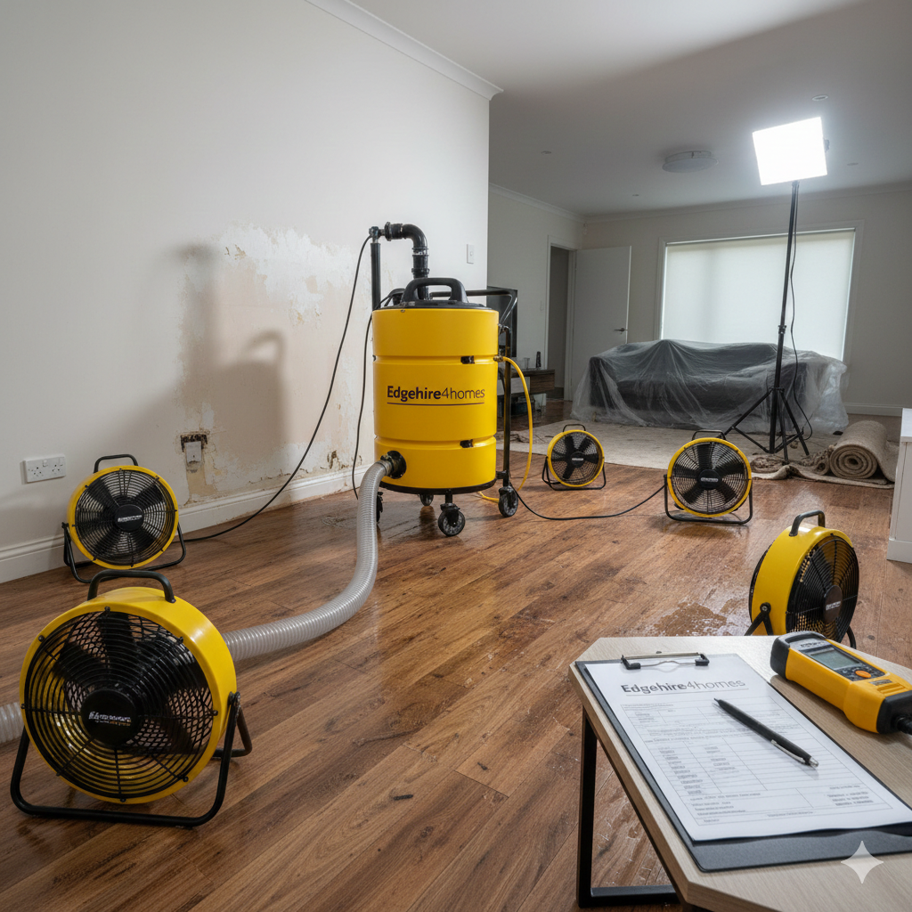 a "Drying Station" featuring our hired dehumidifiers and air movers in a water-damaged room