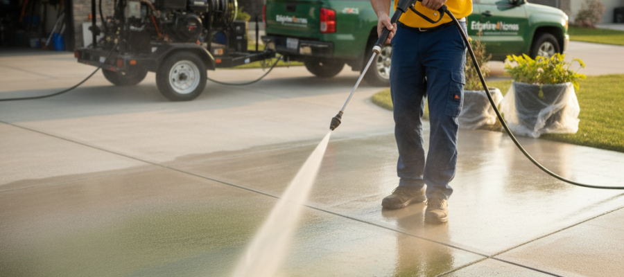 man pressure washing a driveway