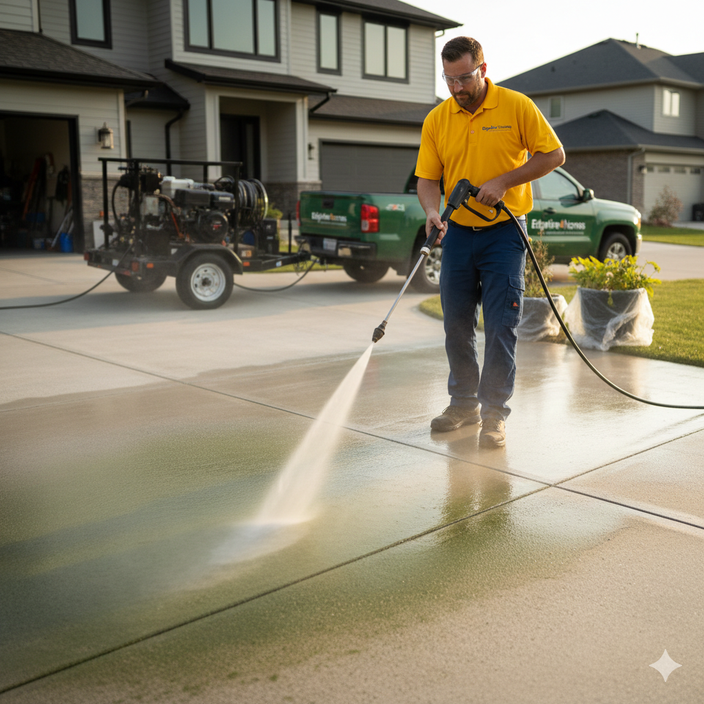 man pressure washing a driveway