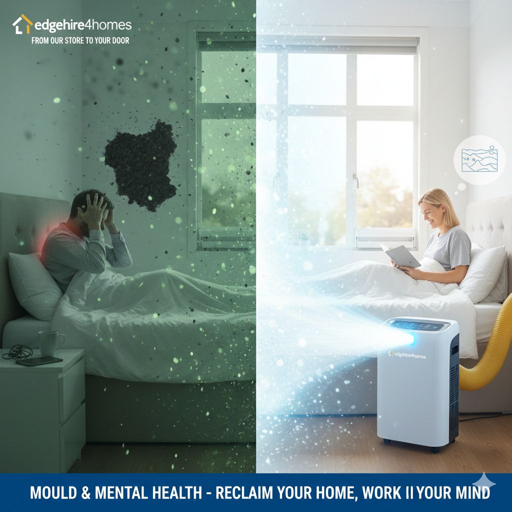 split-screen visual: one side shows a dark, "heavy" atmosphere in a room with mould, and the other shows a bright, clear, airy space with an edgehire4homes Air Scrubber at work.