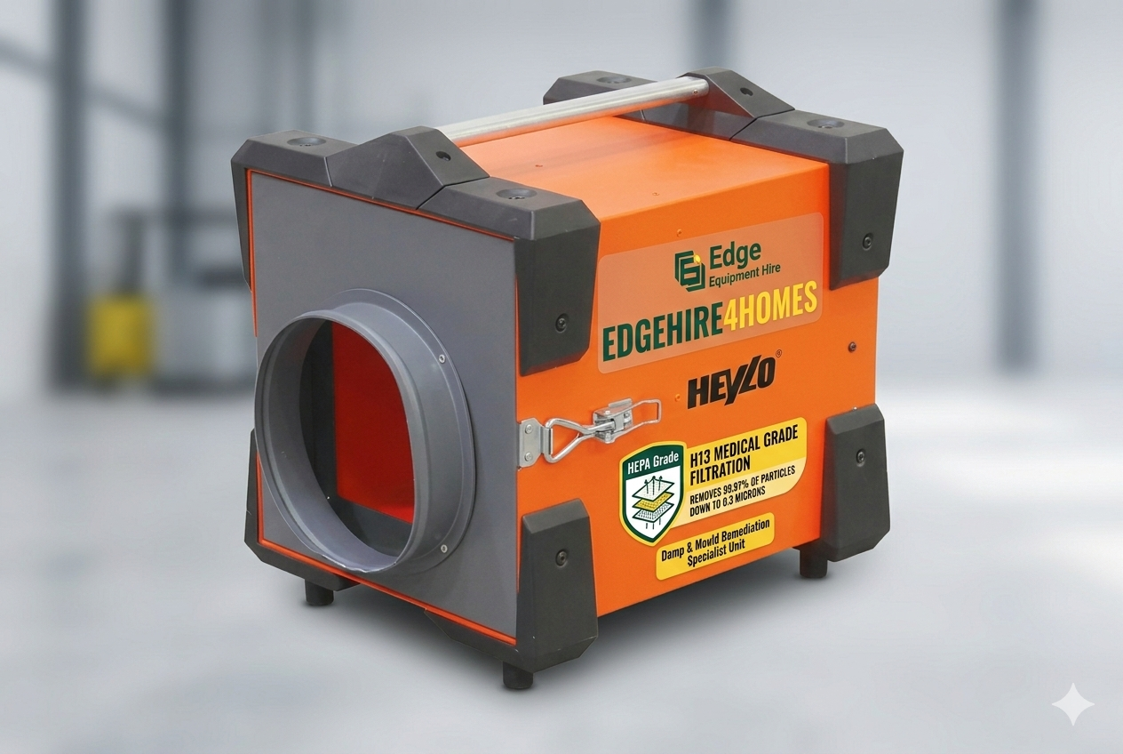 Heylo H13 HEPA Air Scrubber on a construction site with a sign reading 'HEPA-Filtered Dust-Controlled Zone' and Edgehire4homes branding.
